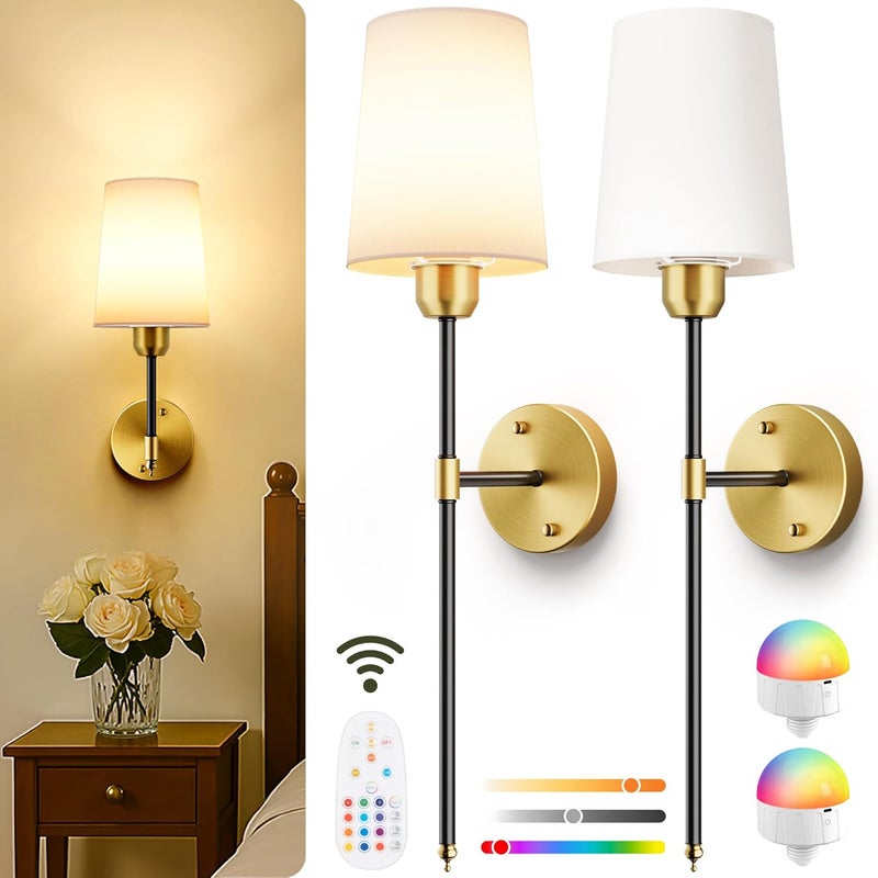 SyncGlow Battery Operated Wall Sconces Set of 2, Black Gold Wireless Wall Lights with Rechargeable Magnetic Bulbs and Remote, Dimmable & 15 RGB Colors Wall Lamps for Bedroom Living Room Hallway 23Inch - Image 1